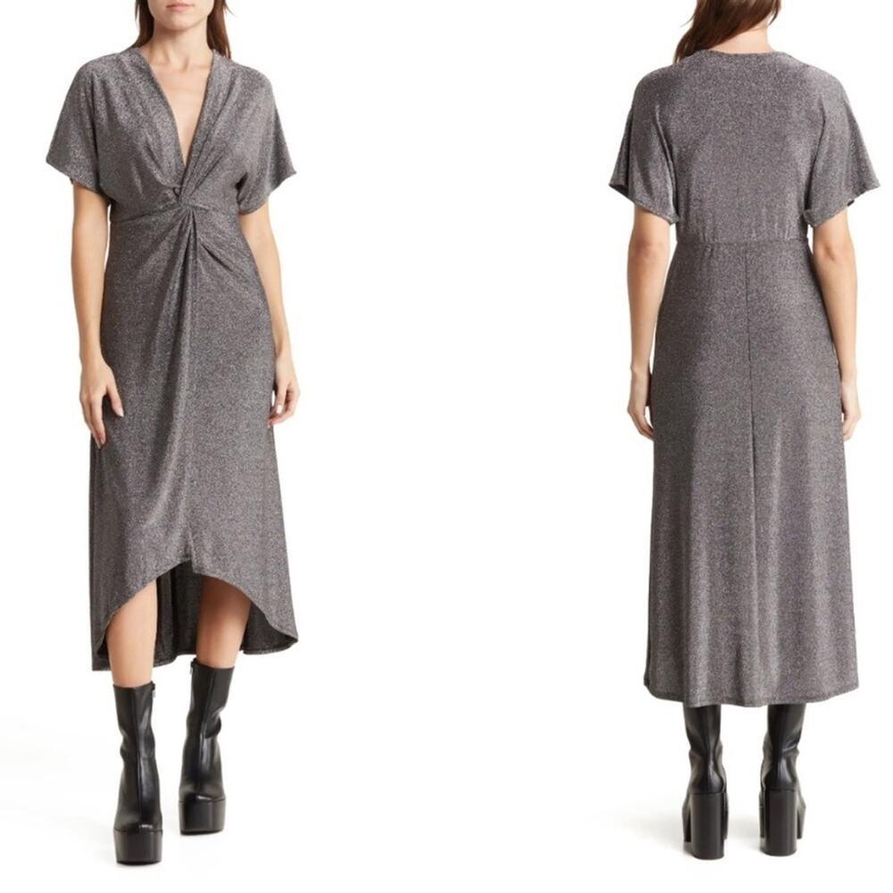 𝅺Lush Nordstrom NWT Dolman silver Metallic Midi Dress ruched body party wedding